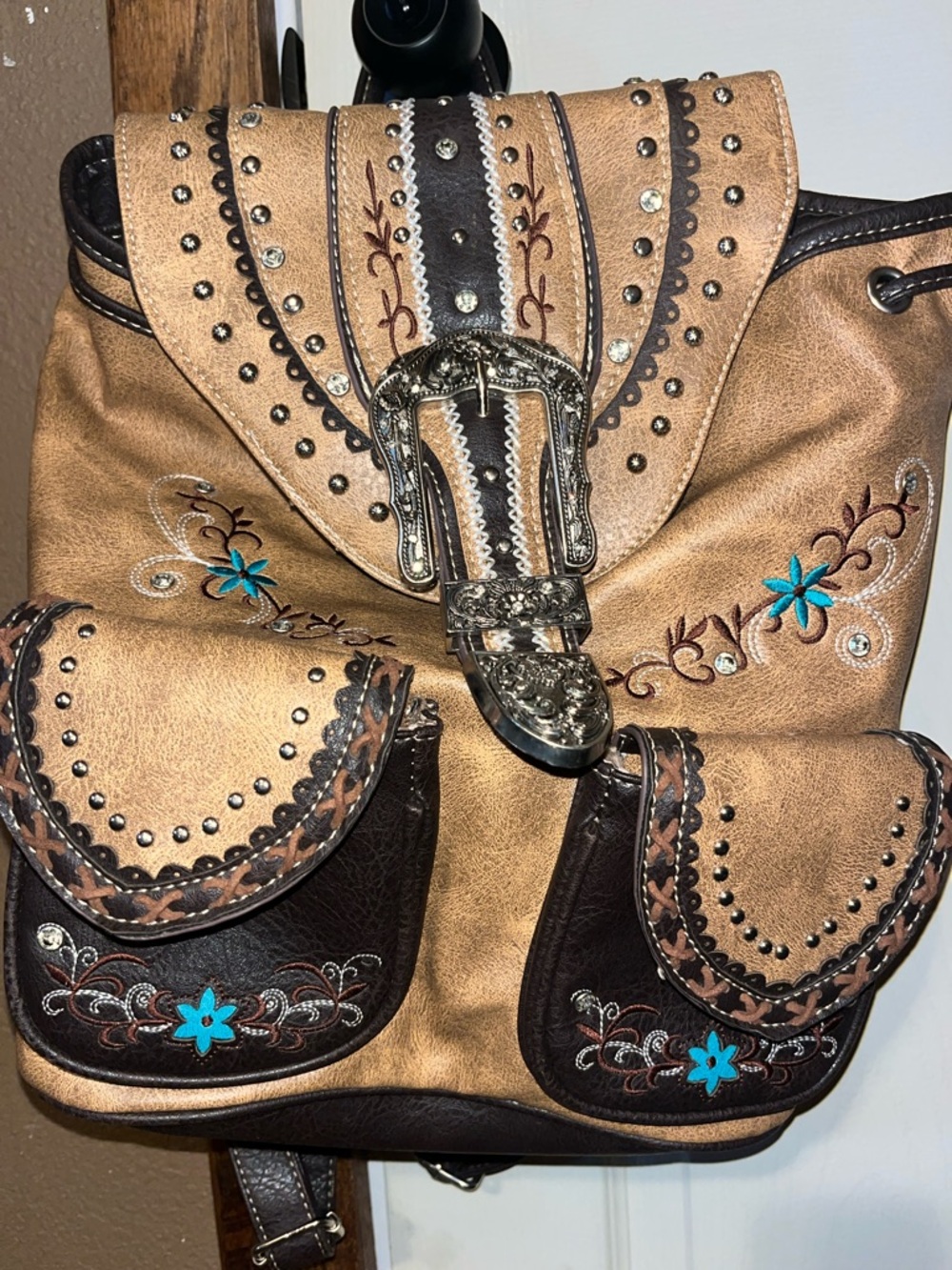 Embroidered Western Buckle Backpack - Tan with Turquoise Accents